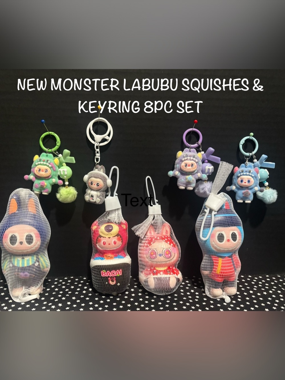 Monster Labubu Squishes & Keyring Set Assorted colors W/Coke Can & PomPom bows